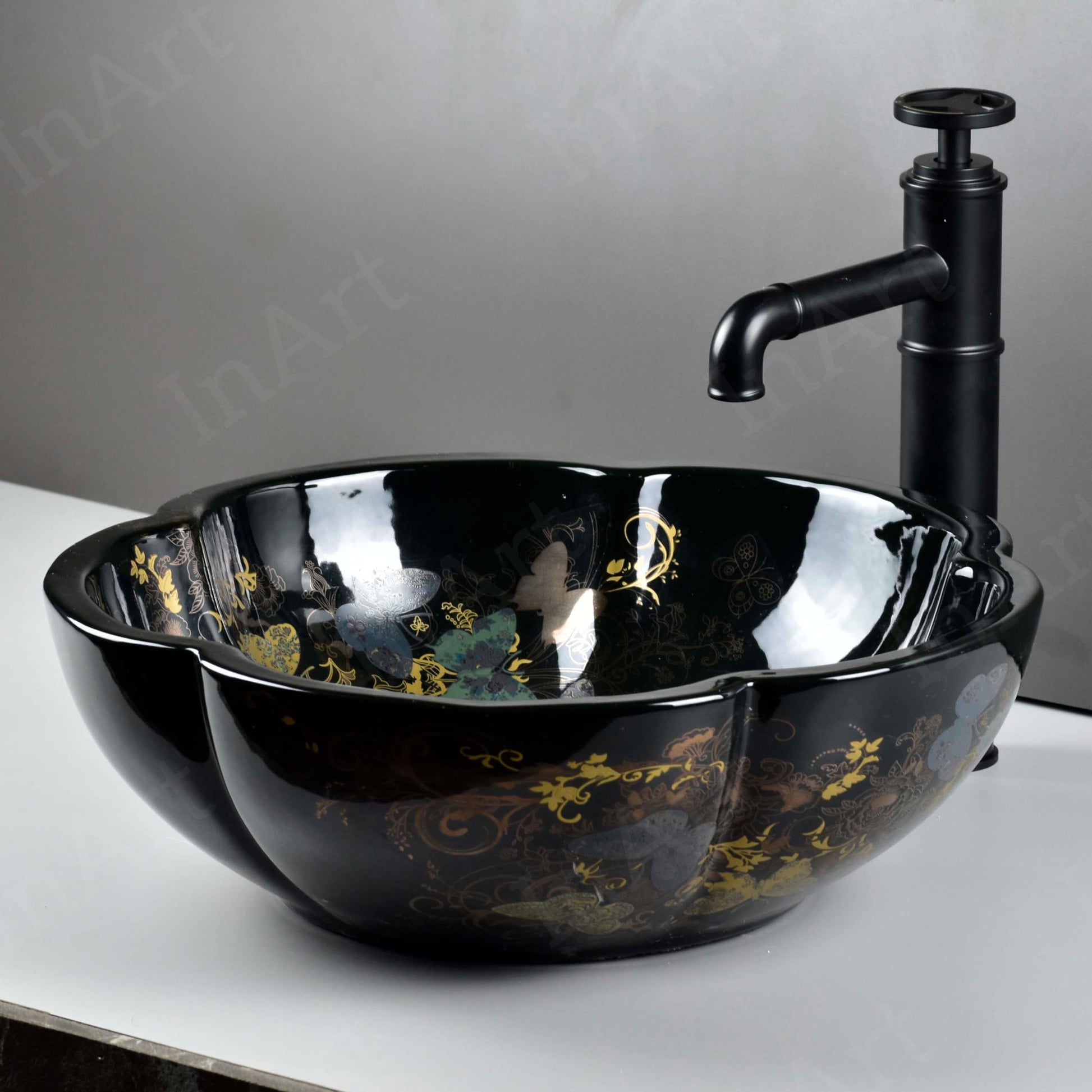 Close-up of glossy Mexican patterned ceramic oval wash basin, smooth rim detail for vessel sink cabinet