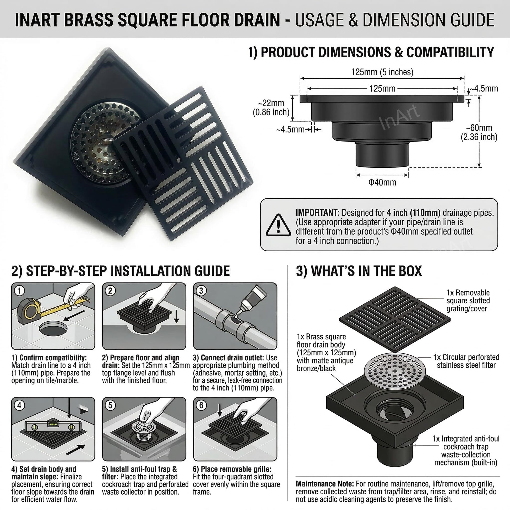 InArt Matte Black 12 x 4 Inch Brass Floor Drain with Removable Strainer, additional product view 6