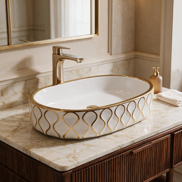 White and Gold Oval Ceramic vessel bathroom sink