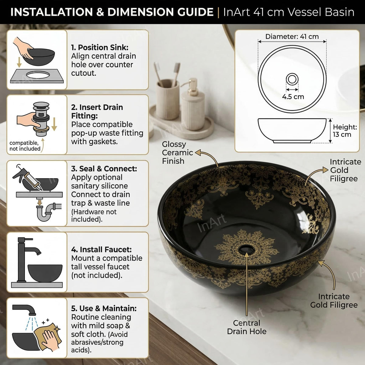InArt Glossy Black Ceramic Round Vessel Sink – Above Counter, 16" Gold Pattern, additional product view 6
