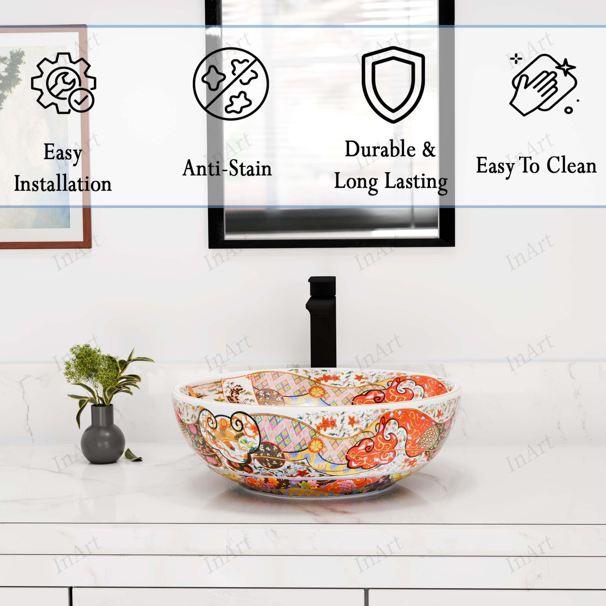 InArt Glossy Moroccan Ceramic Round Vessel Sink – Decorative Pattern, 15.75", additional product view 3