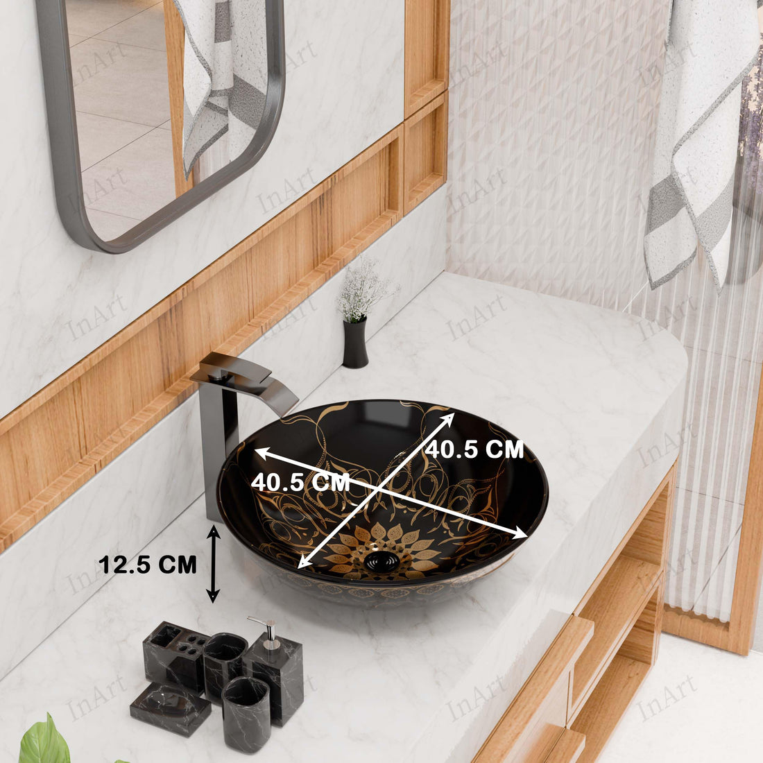 InArt Round Bathroom Ceramic Vessel Sink Art Basin in Black Gold Color