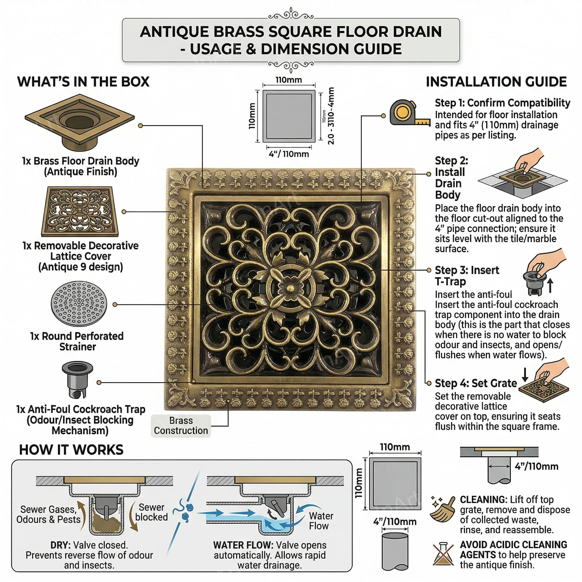 InArt 12 x 4 Inch Square Brass Shower Drain Cover with Removable Grate, additional product view 6