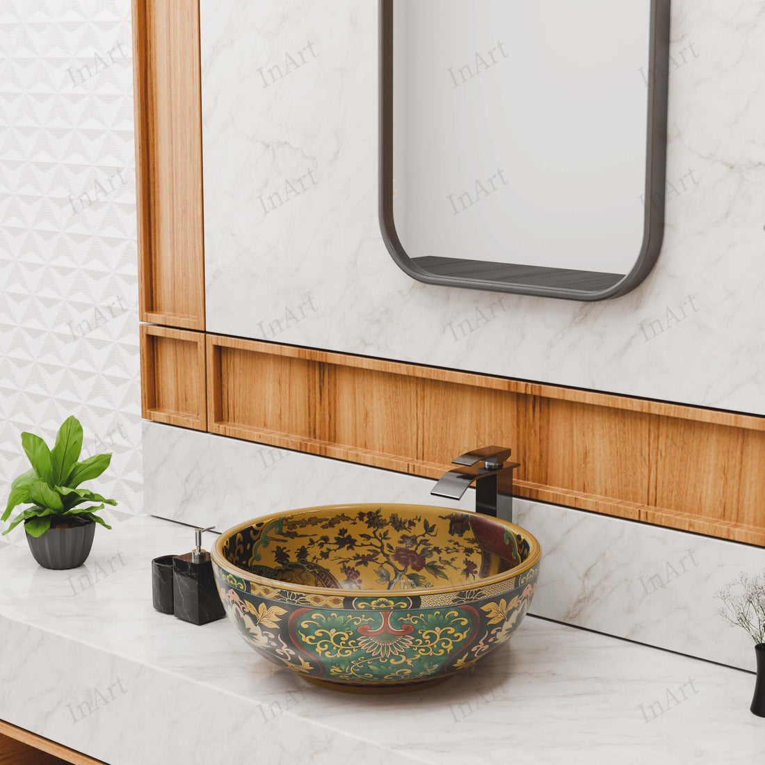 Bathroom sinks above counter - InArt ceramic Moroccan round vessel sink, multicolor glossy countertop wash basin
