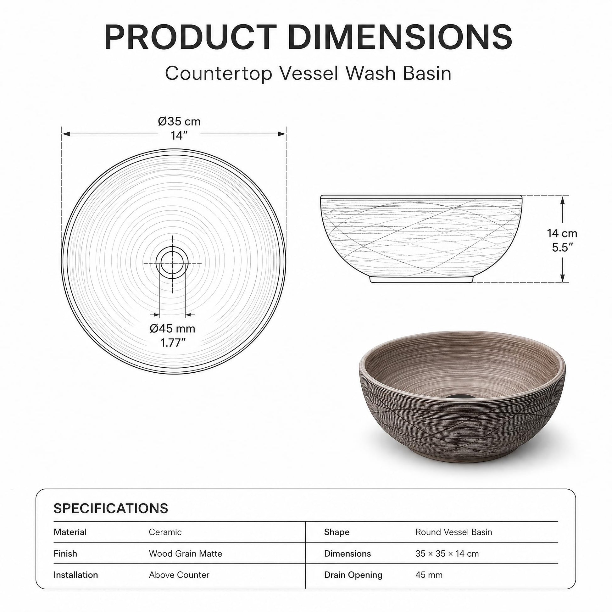 Fourteen-inch round vessel sink dimensions and 1.77-inch drain opening diagram