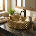 Above counter bathroom sink with easy-clean glossy gold finish, oval ceramic vessel basin