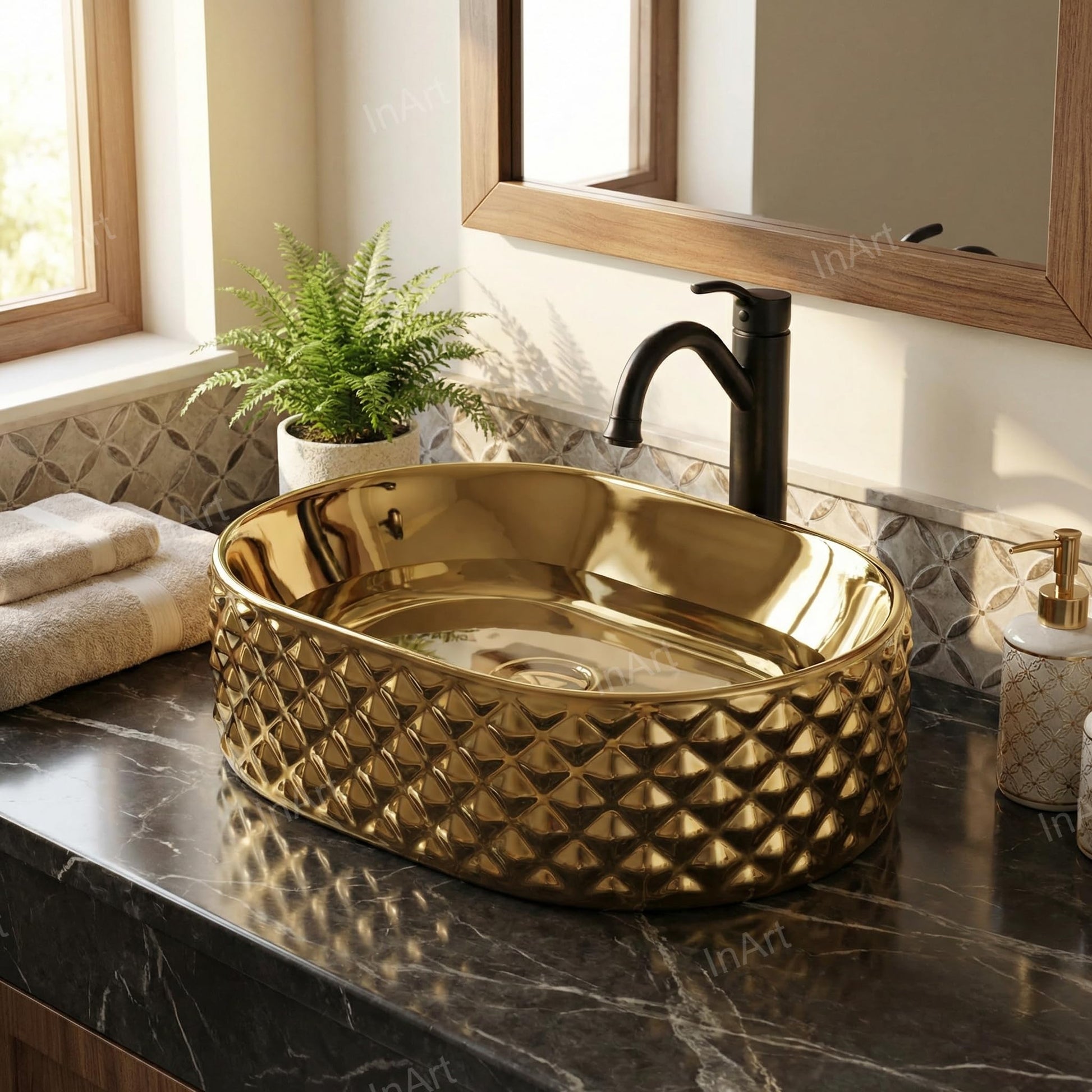 Above counter bathroom sink with easy-clean glossy gold finish, oval ceramic vessel basin