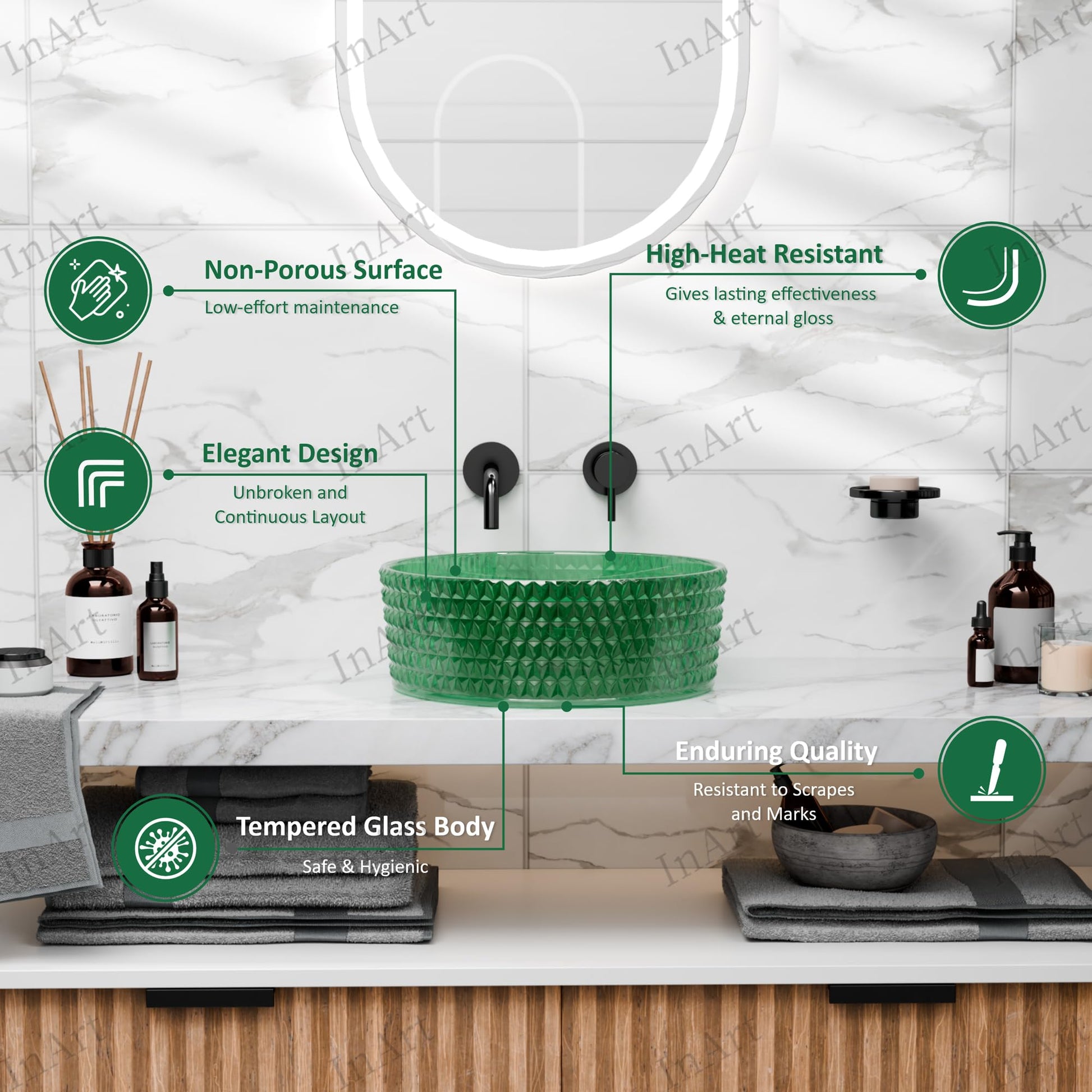 InArt modern sink bowl on vanity, green glass round vessel sink styled for contemporary bathroom
