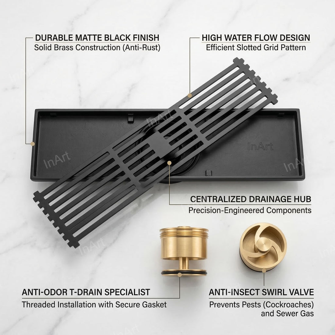 InArt Matte Black Linear Brass Bathroom Floor Drain with Grate, 12 x 4 Inch
