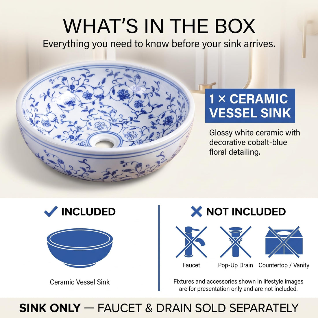 Blue and White Round Porcelain Ceramic vessel bathroom sink
