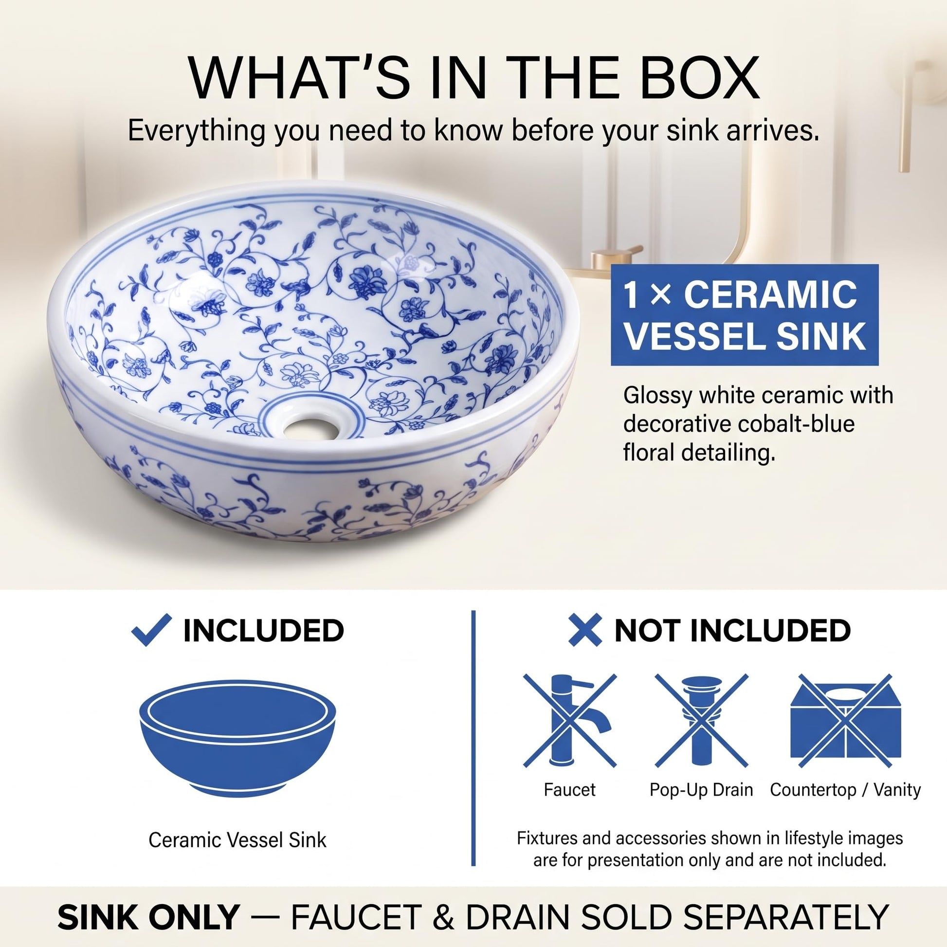 Blue and White Round Porcelain Ceramic vessel bathroom sink, additional product view 2