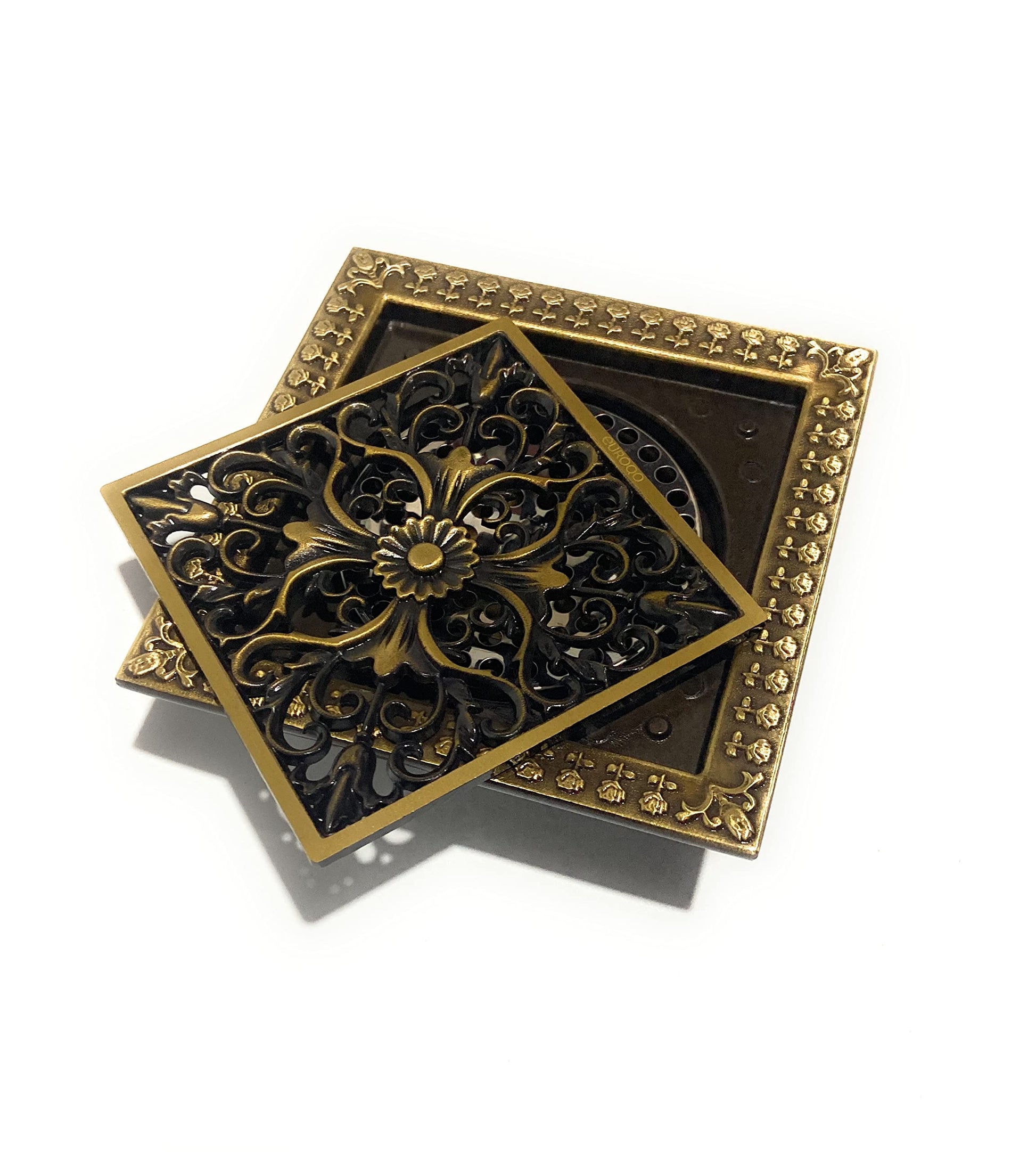 Removable grate and internal insert shown, brass shower drain 4 inch floor drain strainer