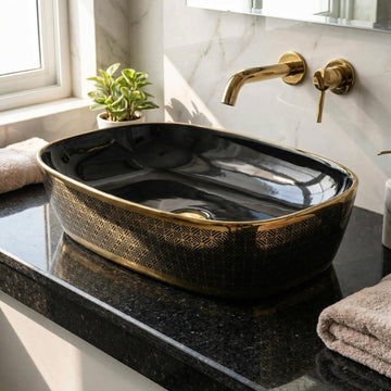 Black and Gold Oval Ceramic vessel bathroom sink