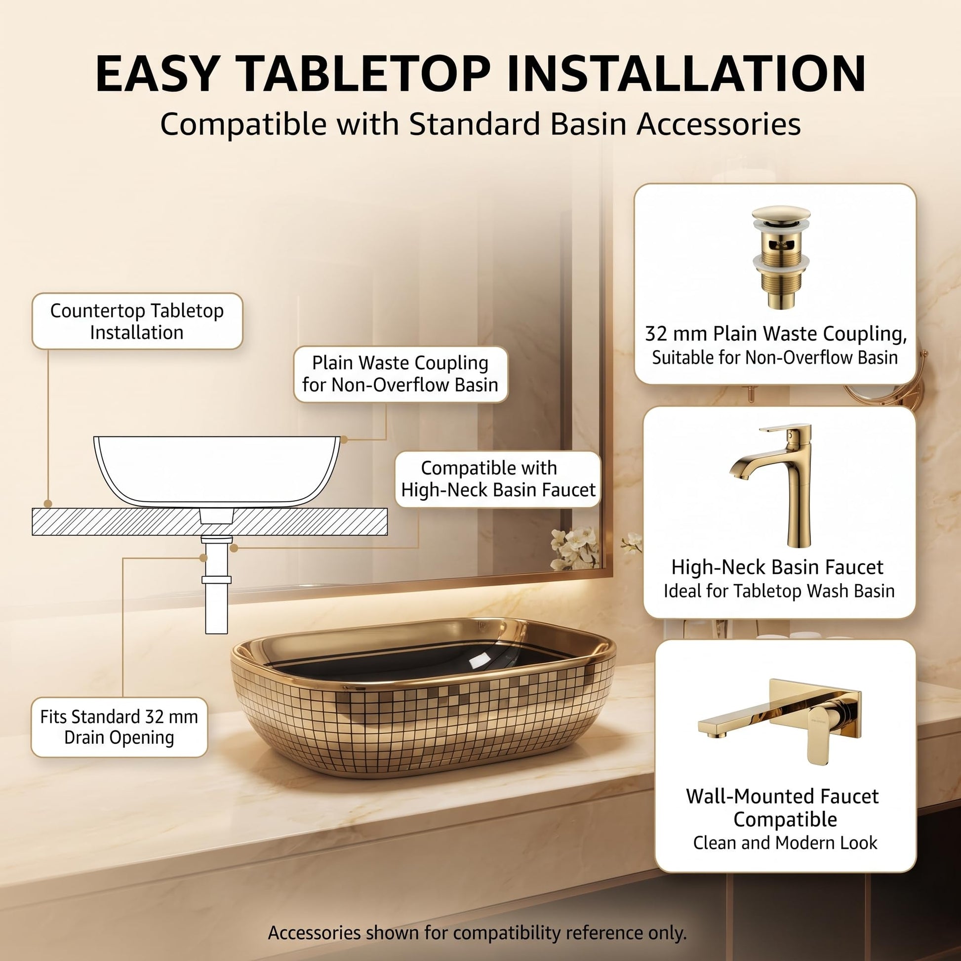 Black and Gold Rectangular Ceramic vessel bathroom sink, additional product view 7