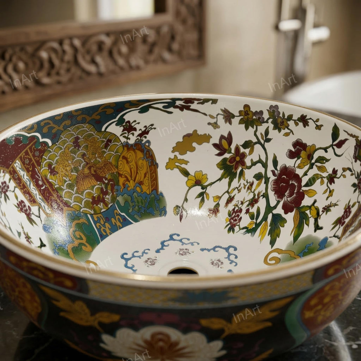 InArt Glossy Multicolor Ceramic Round Vessel Sink – Hand-Painted Pattern, 16.5", additional product view 5