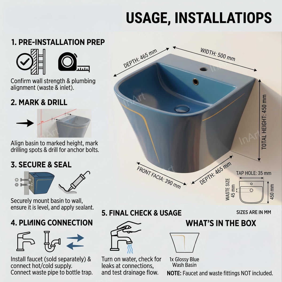 InArt Glossy Blue Wall-Mounted Ceramic Bathroom Sink with Half Pedestal, 19.7 Inch, additional product view 6