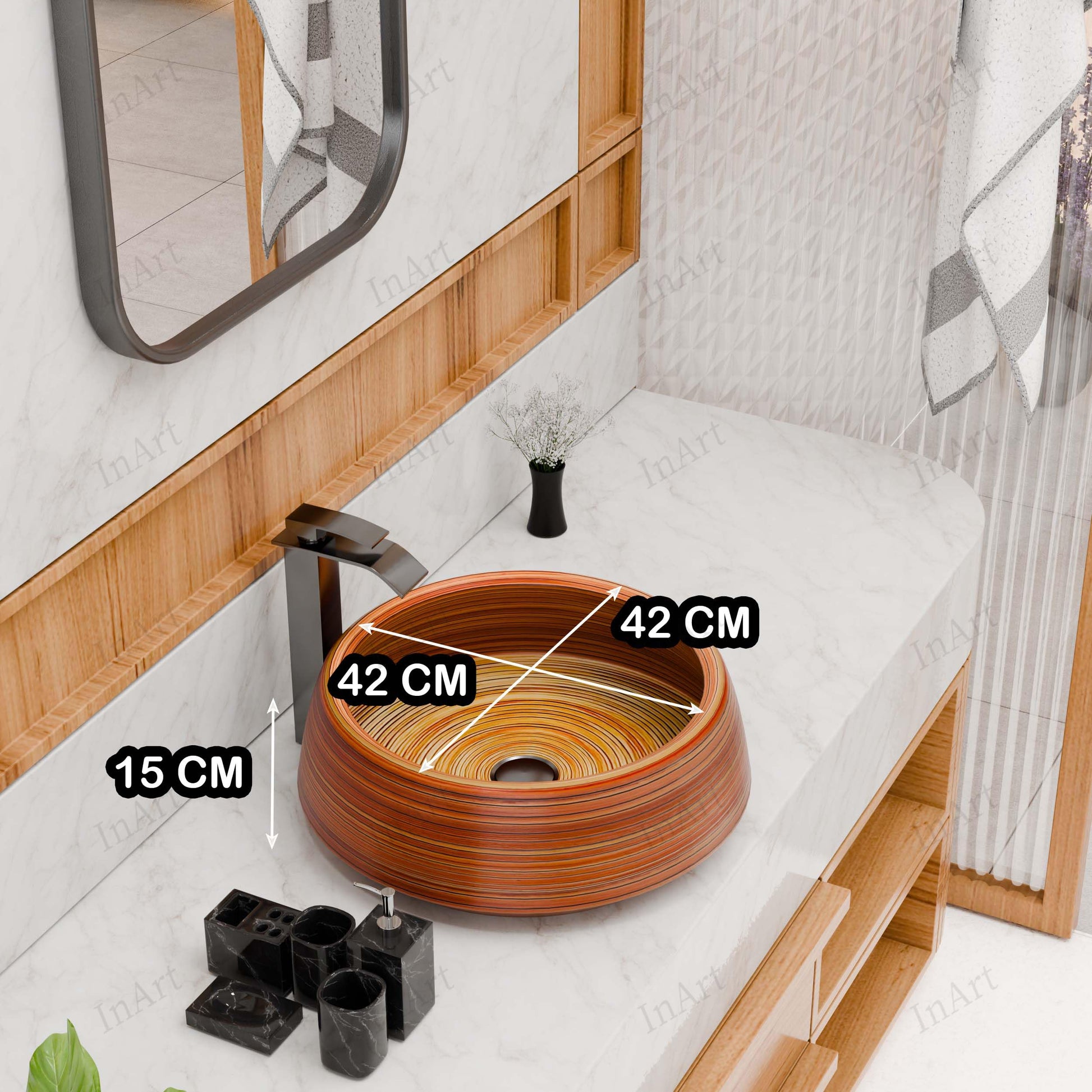 InArt Wood-Grain Glossy Ceramic Round Vessel Sink – Above Counter, 16.5" Bathroom Bowl, additional product view 2