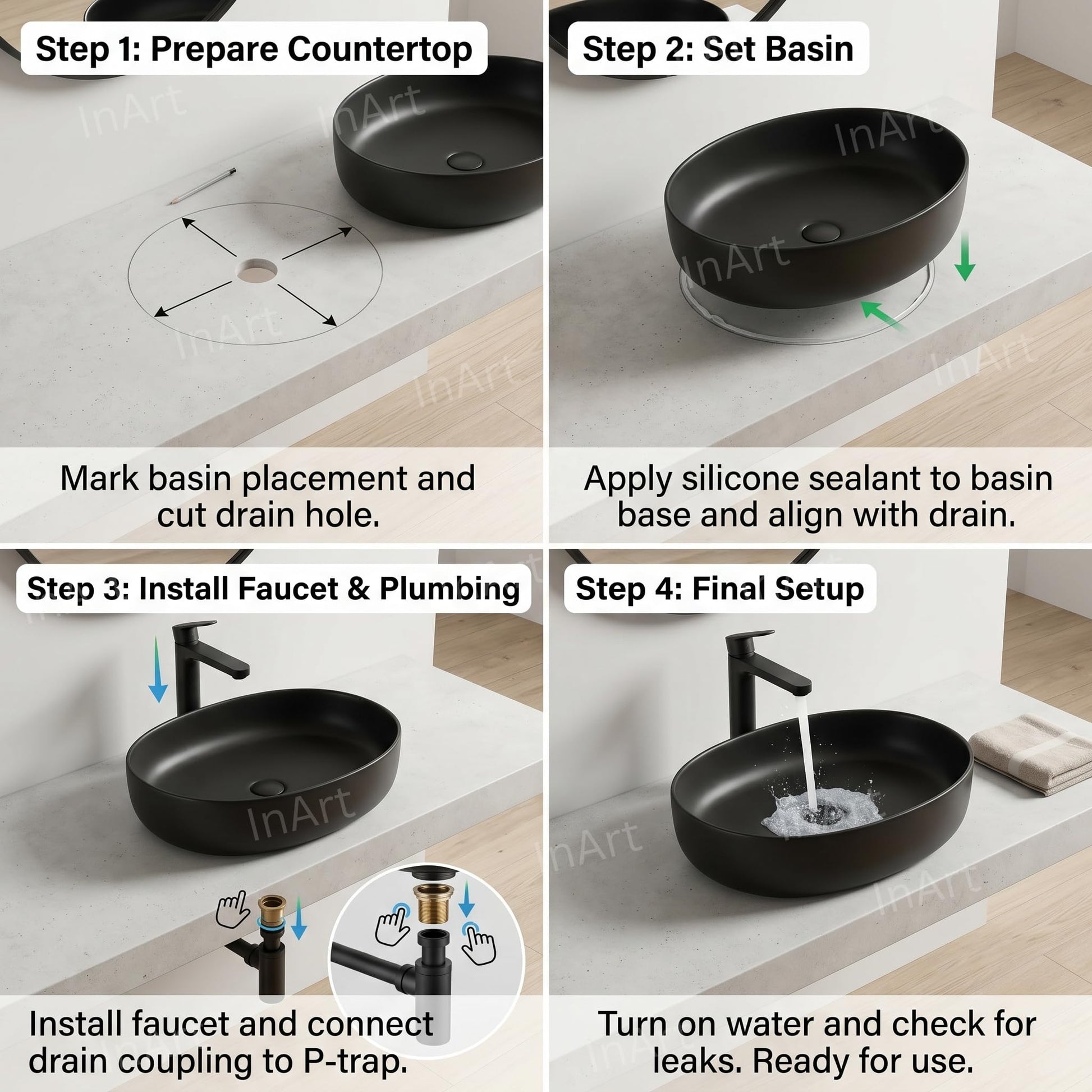 Charcoal Black Oval Ceramic vessel bathroom sink, additional product view 4