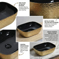 Above counter bathroom sink side angle showing 5in depth, rectangular ceramic vessel sink in black and gold