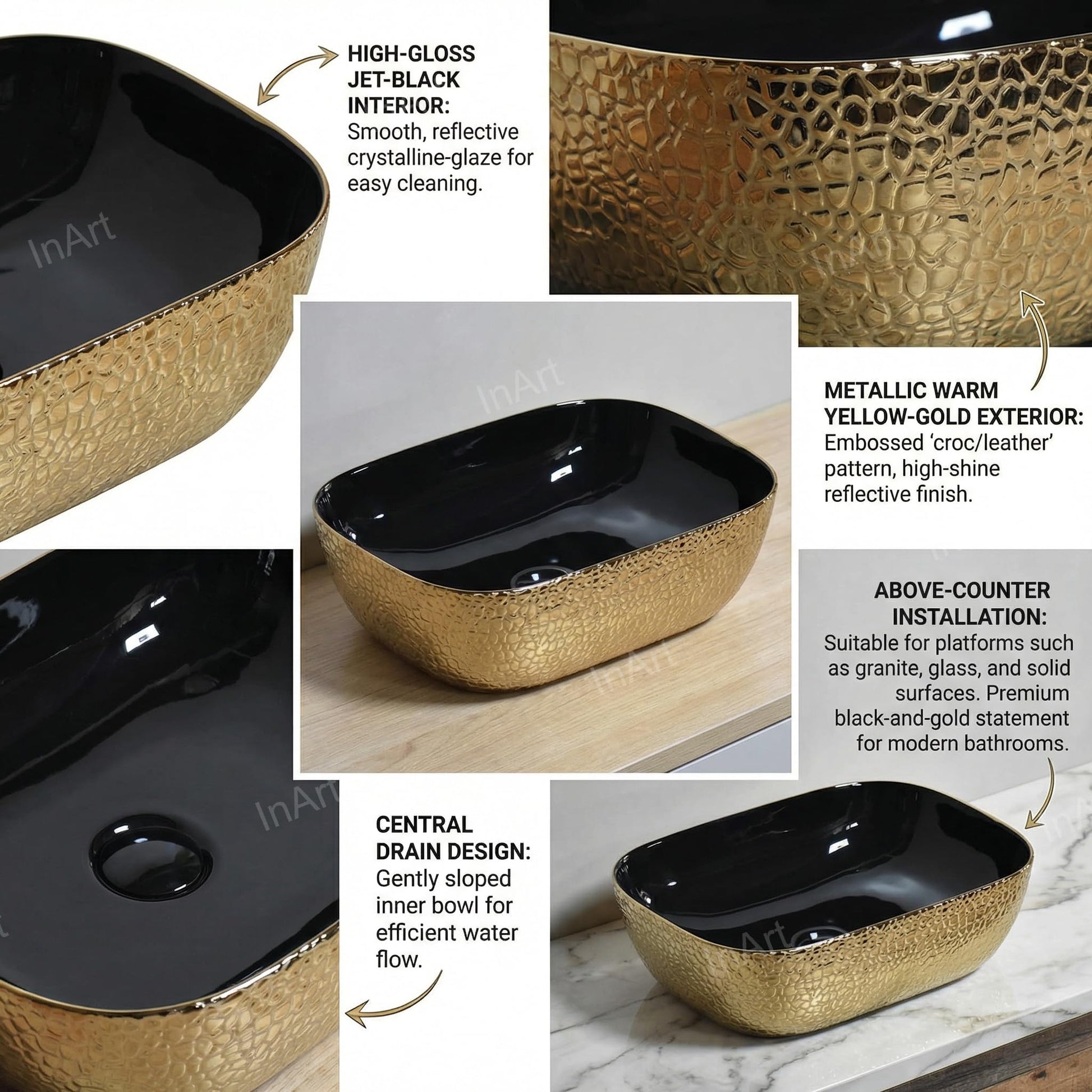 Above counter bathroom sink side angle showing 5in depth, rectangular ceramic vessel sink in black and gold