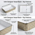 Ceramic vessel sink gold finish, side angle view of rectangular ceramic wash basin for modern vanity