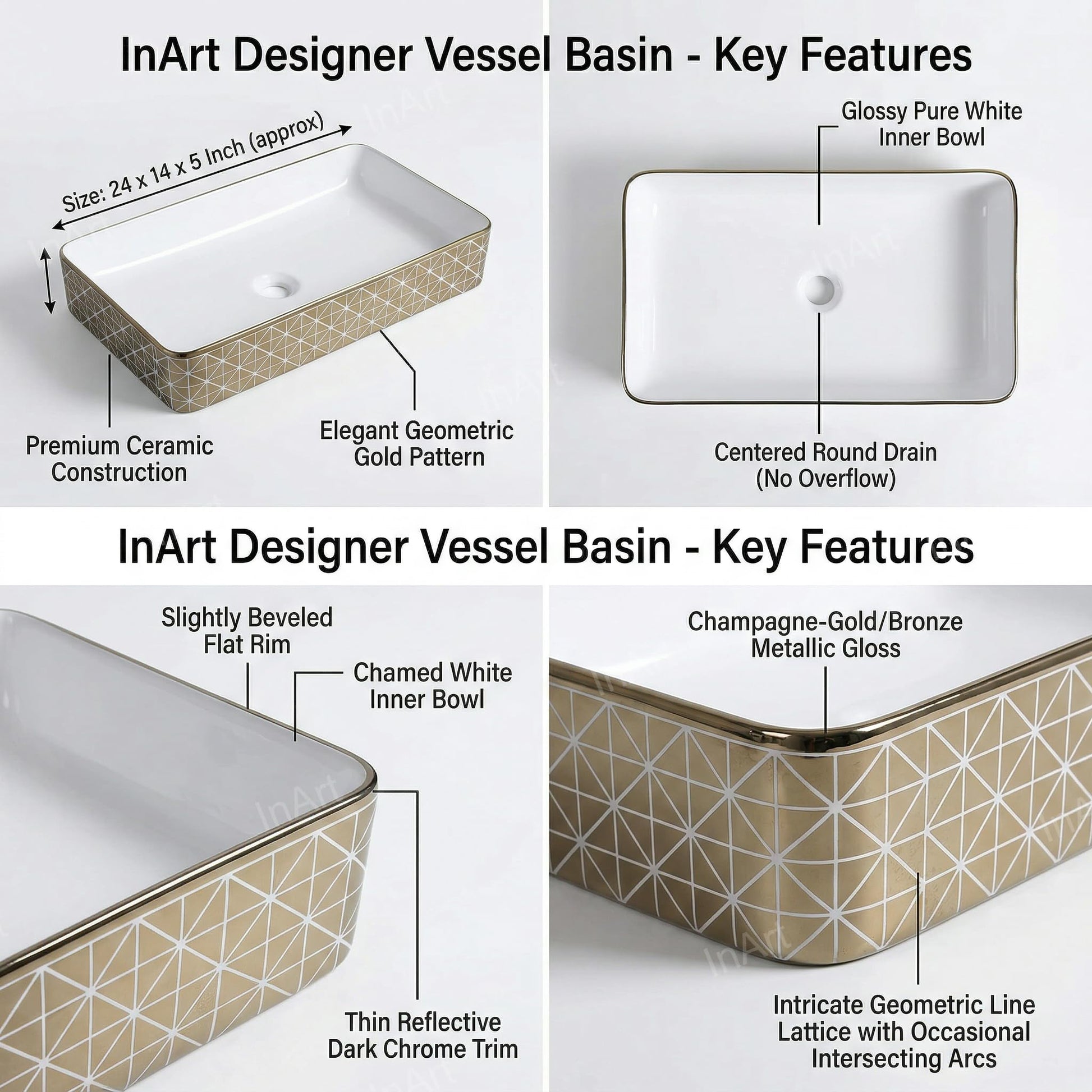 Ceramic vessel sink gold finish, side angle view of rectangular ceramic wash basin for modern vanity