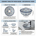 Top view mexican bathroom sink, round ceramic vessel sink bowl with blue talavera pattern