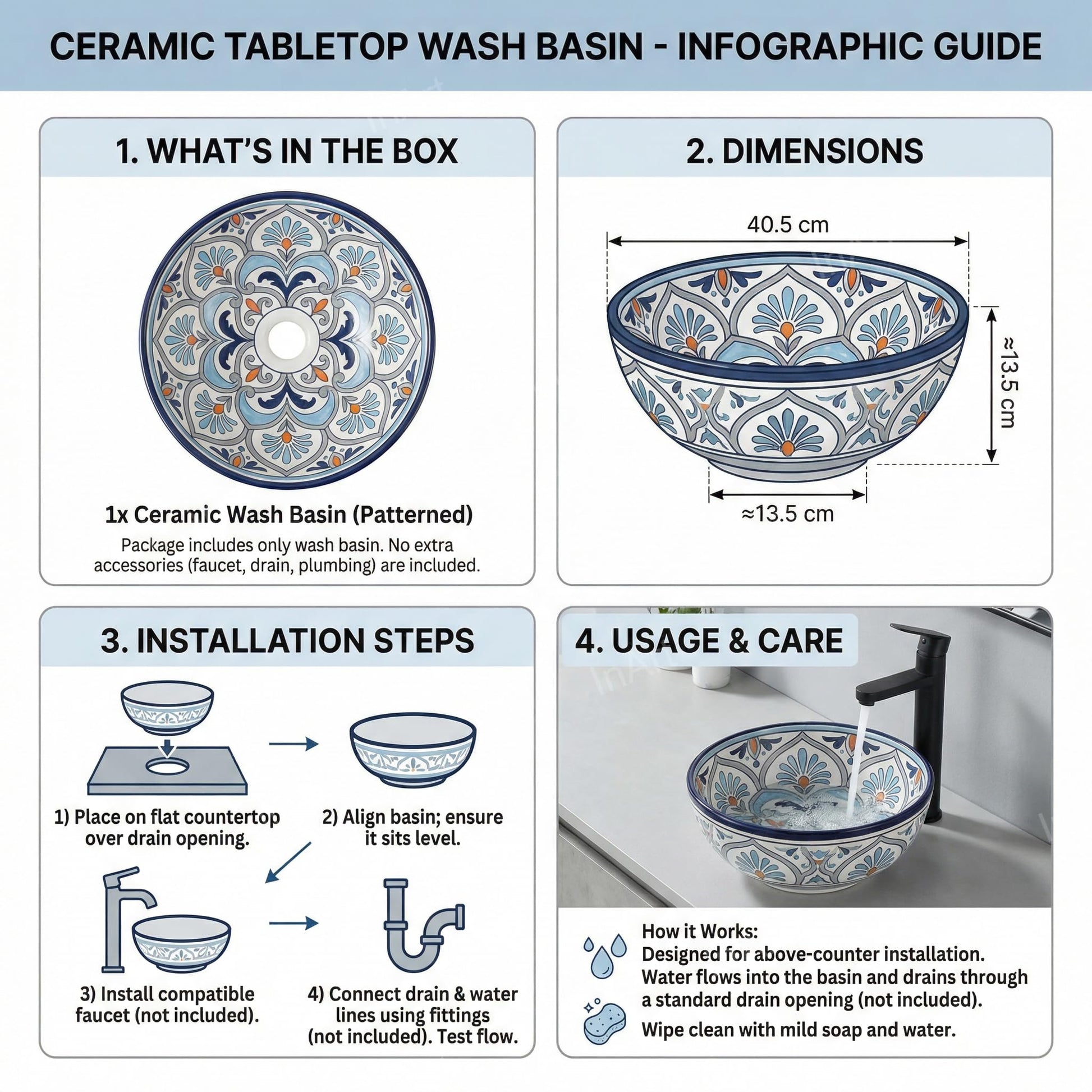 Top view mexican bathroom sink, round ceramic vessel sink bowl with blue talavera pattern