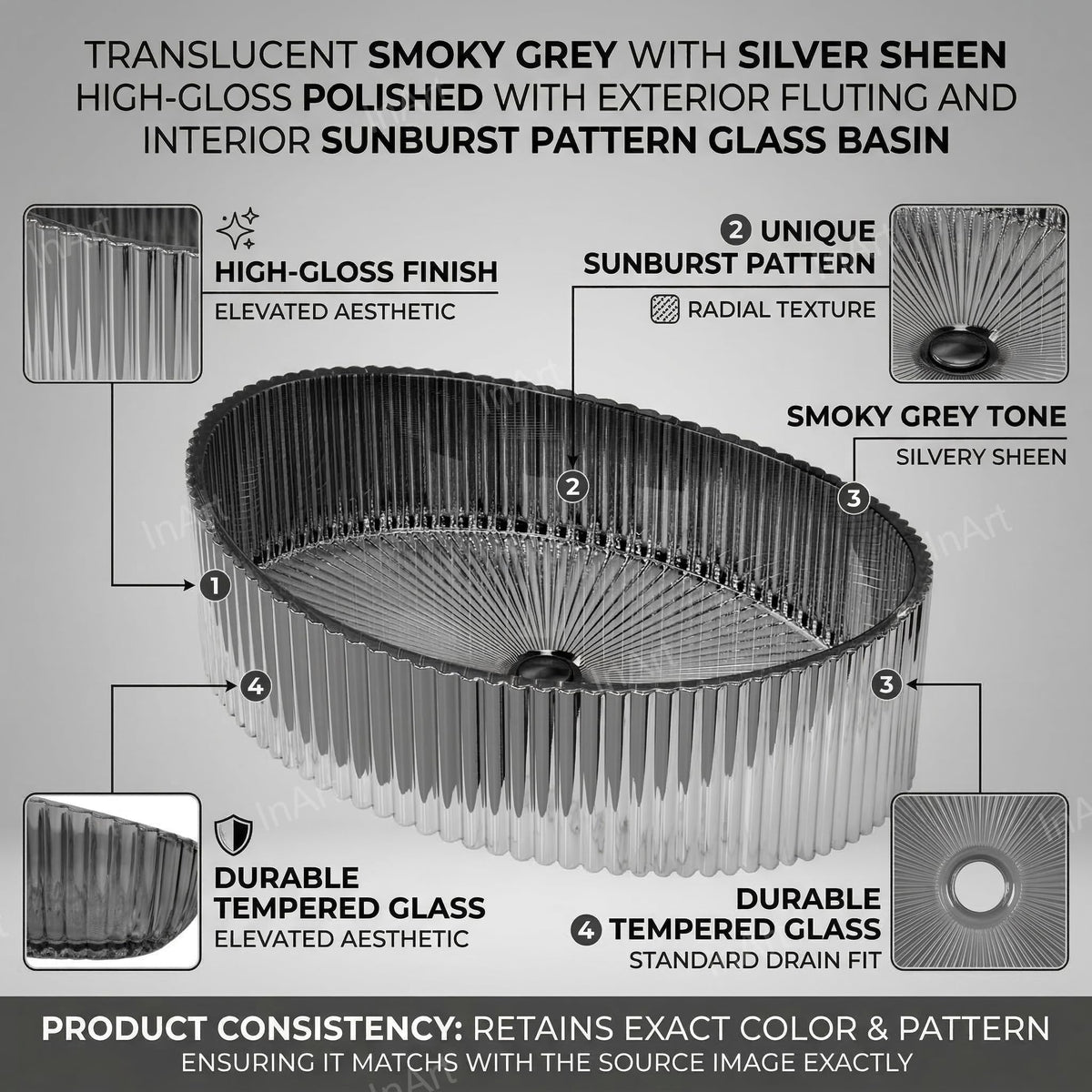 InArt Smoked Tempered Glass Oval Vessel Sink – Ribbed Texture, 19.7"x14.6", additional product view 3