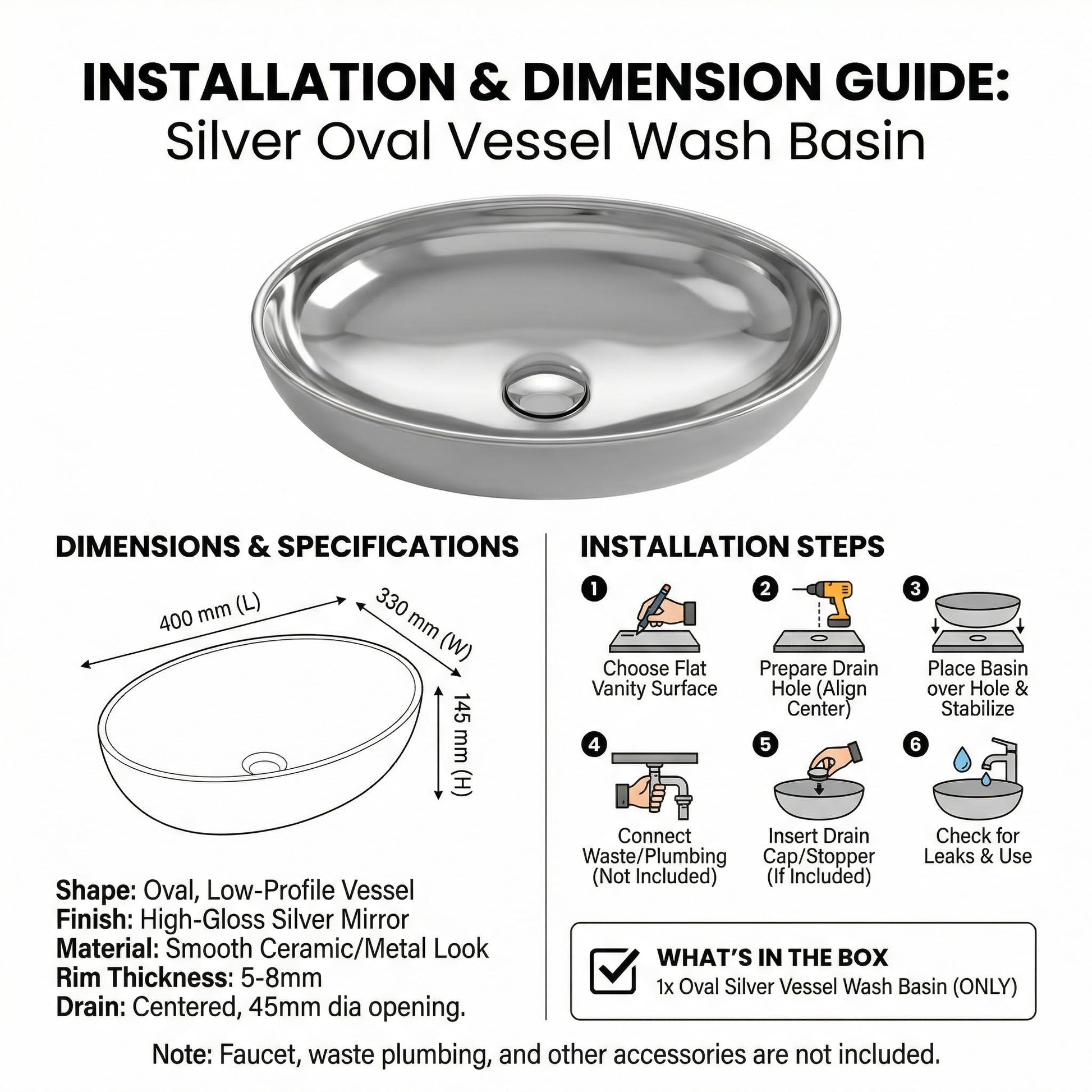 Drain opening detail on ceramic oval vessel sink, silver finish bath vessel sink for cabinet