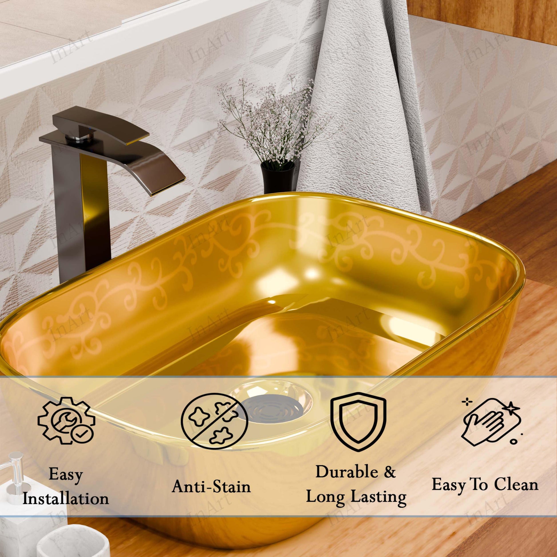 Gold Rectangular Ceramic vessel bathroom sink, additional product view 6