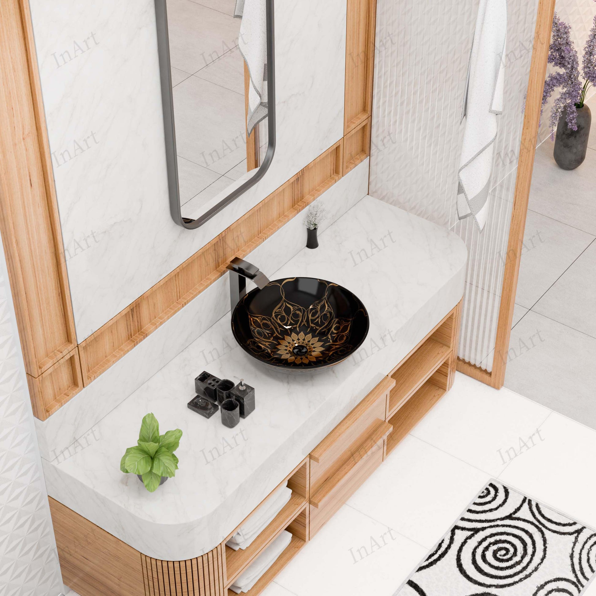 InArt Round Bathroom Ceramic Vessel Sink Art Basin in Black Gold Color, additional product view 4