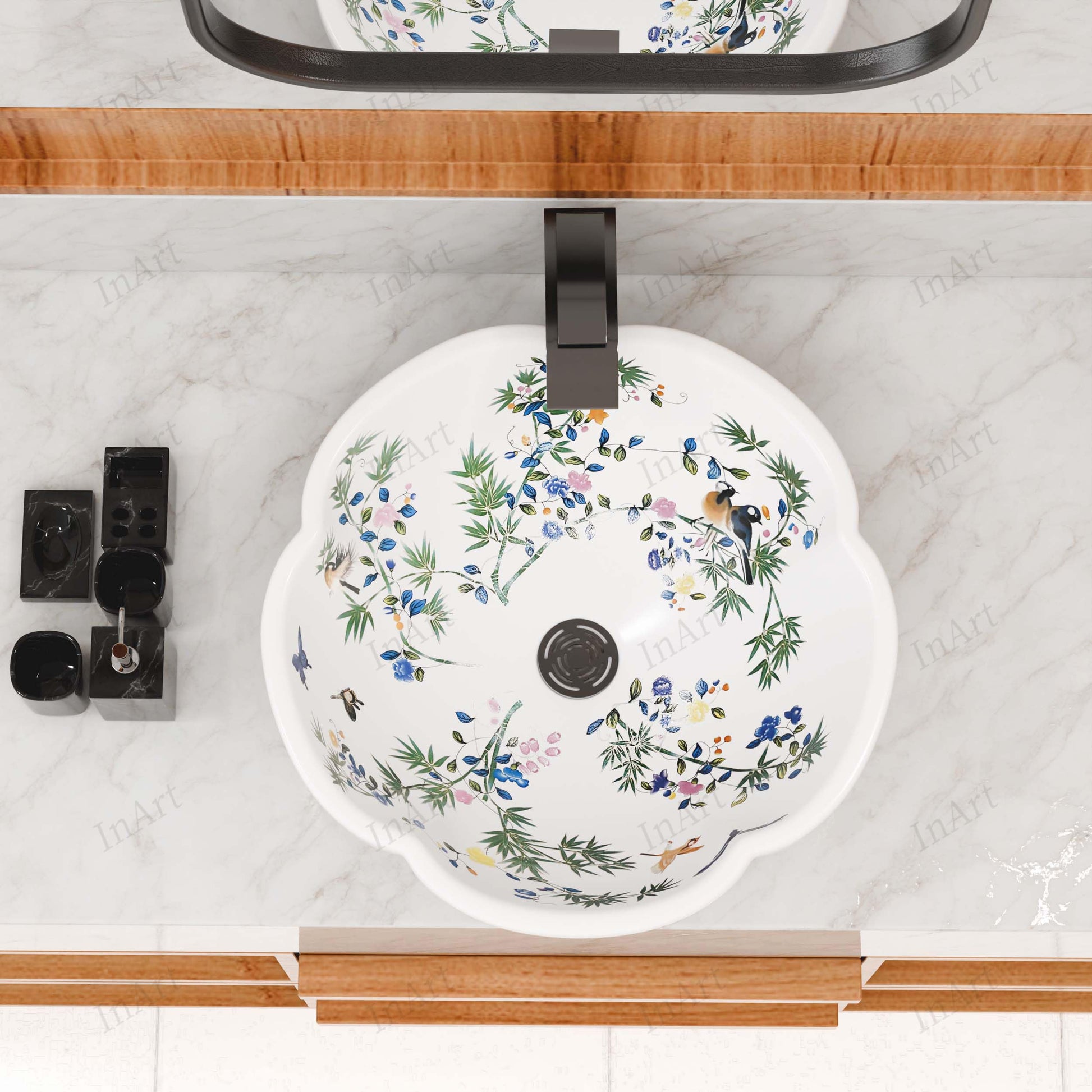 Bathroom with bowl sink on wood vanity, round glossy white ceramic Moroccan basin for modern restroom