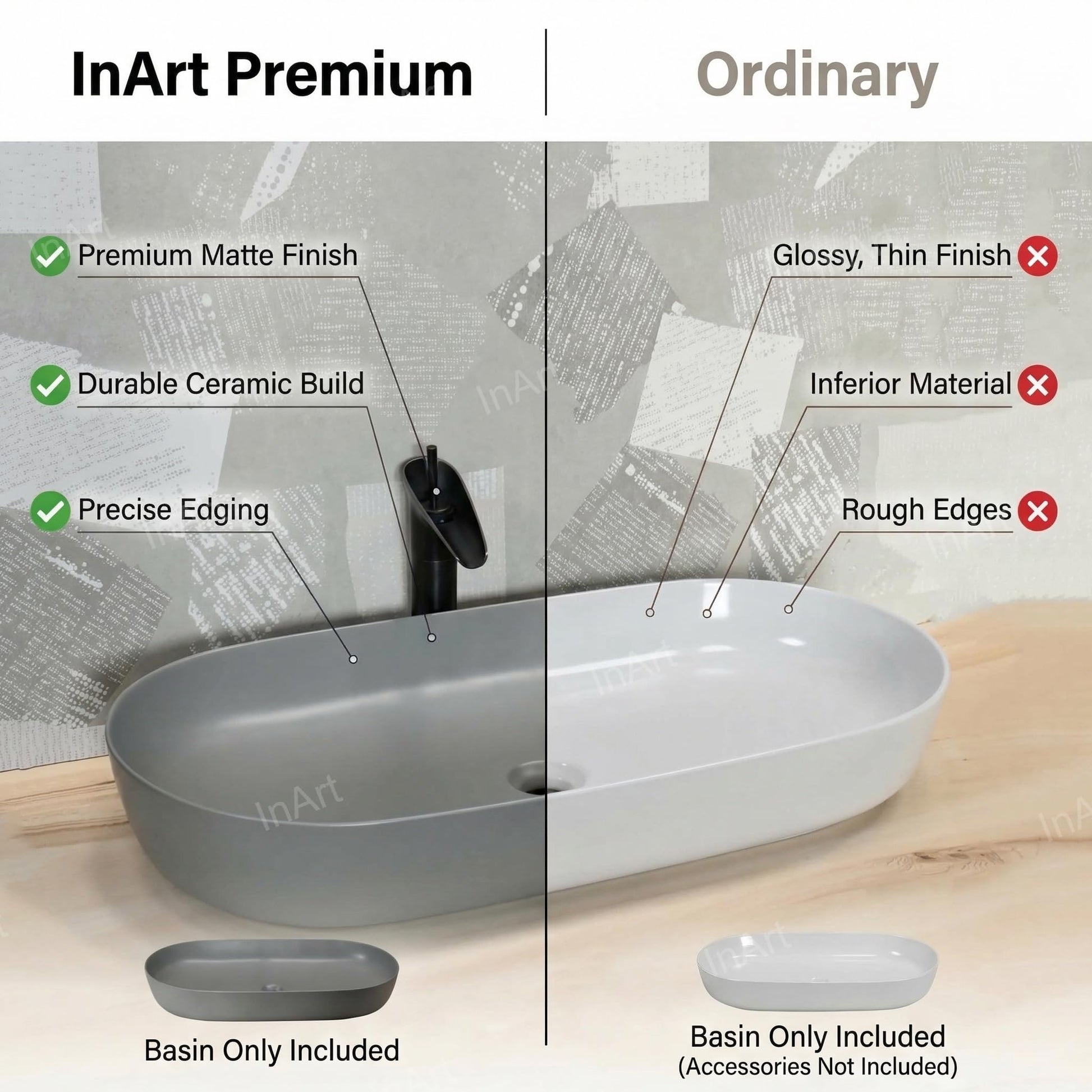 Large rectangular vessel sink interior depth view, matte gray ceramic modern bowl sink for bathroom