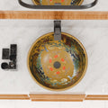 Table top sink styled in modern bathroom, InArt round ceramic Moroccan vessel sink on vessel vanity top