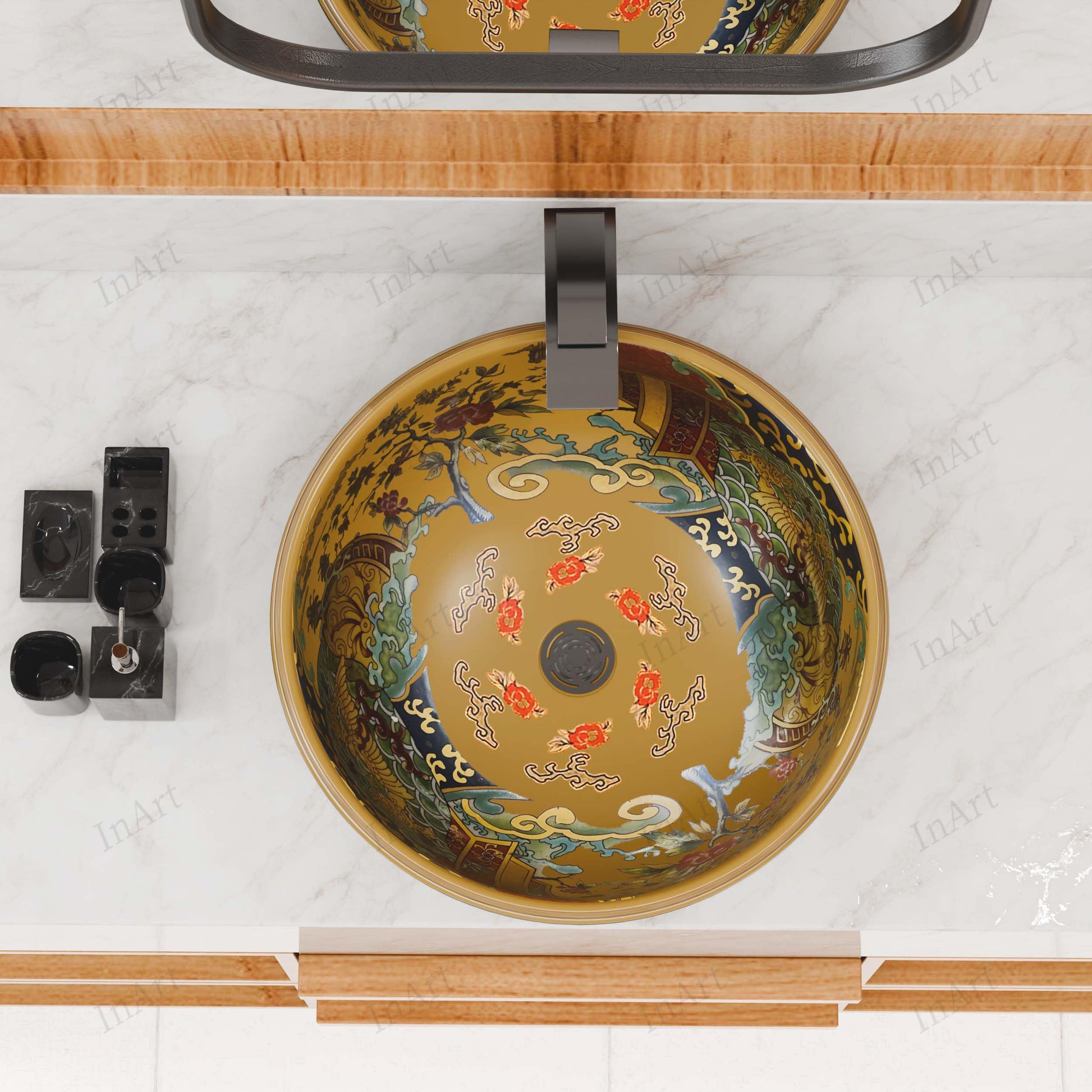 Table top sink styled in modern bathroom, InArt round ceramic Moroccan vessel sink on vessel vanity top