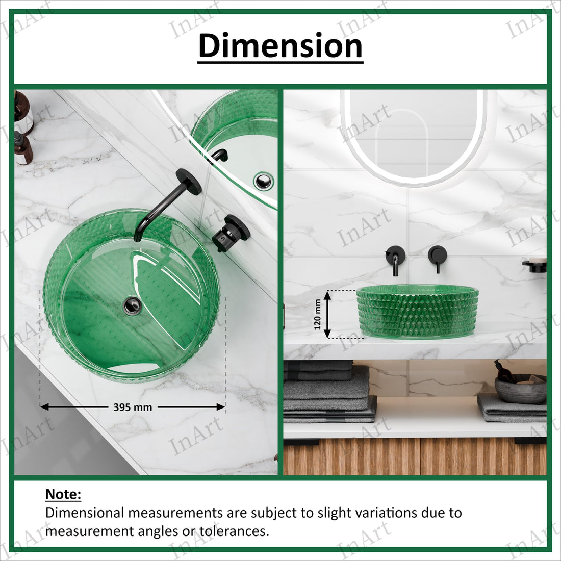 Vessel sink glass InArt green glass basin, modern round tabletop bathroom sink 39.5 cm