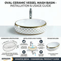 Drain opening detail on oval ceramic vessel sink in bathroom, white basin with gold accent for vanity