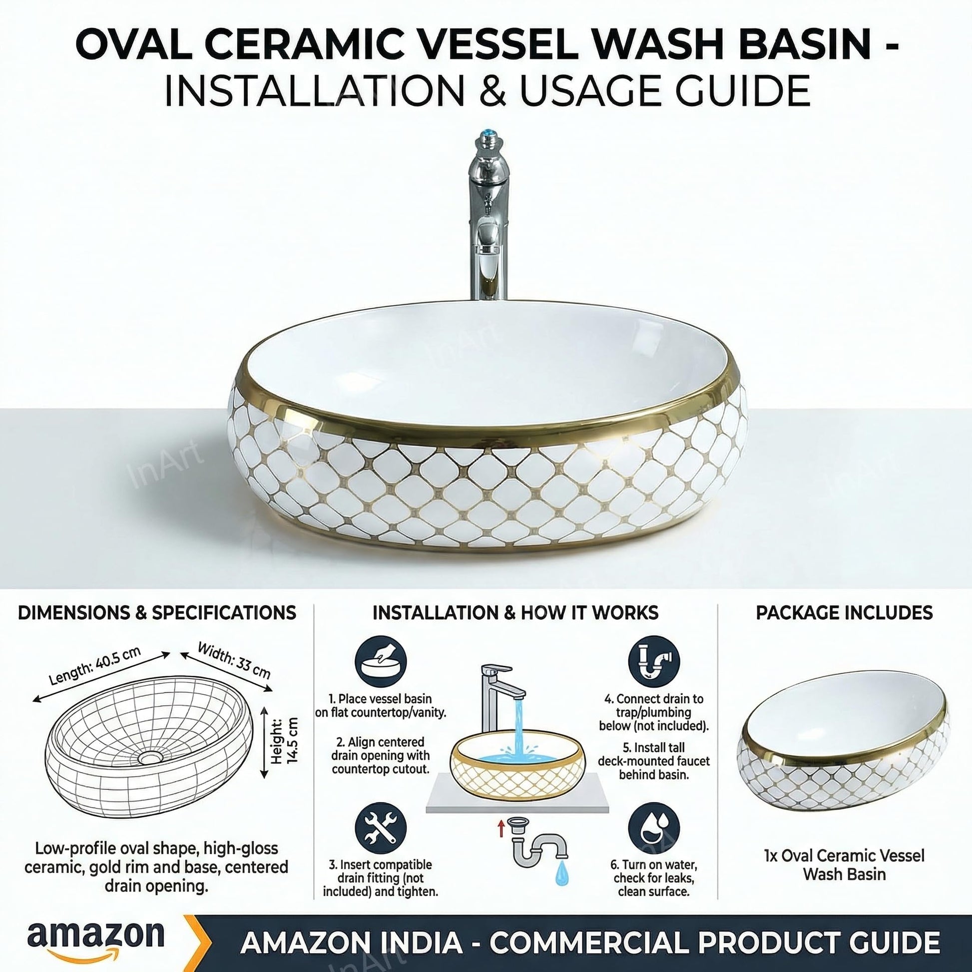 Drain opening detail on oval ceramic vessel sink in bathroom, white basin with gold accent for vanity