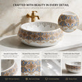 White, Royal Blue and Gold Round Ceramic vessel bathroom sink, additional product view 8