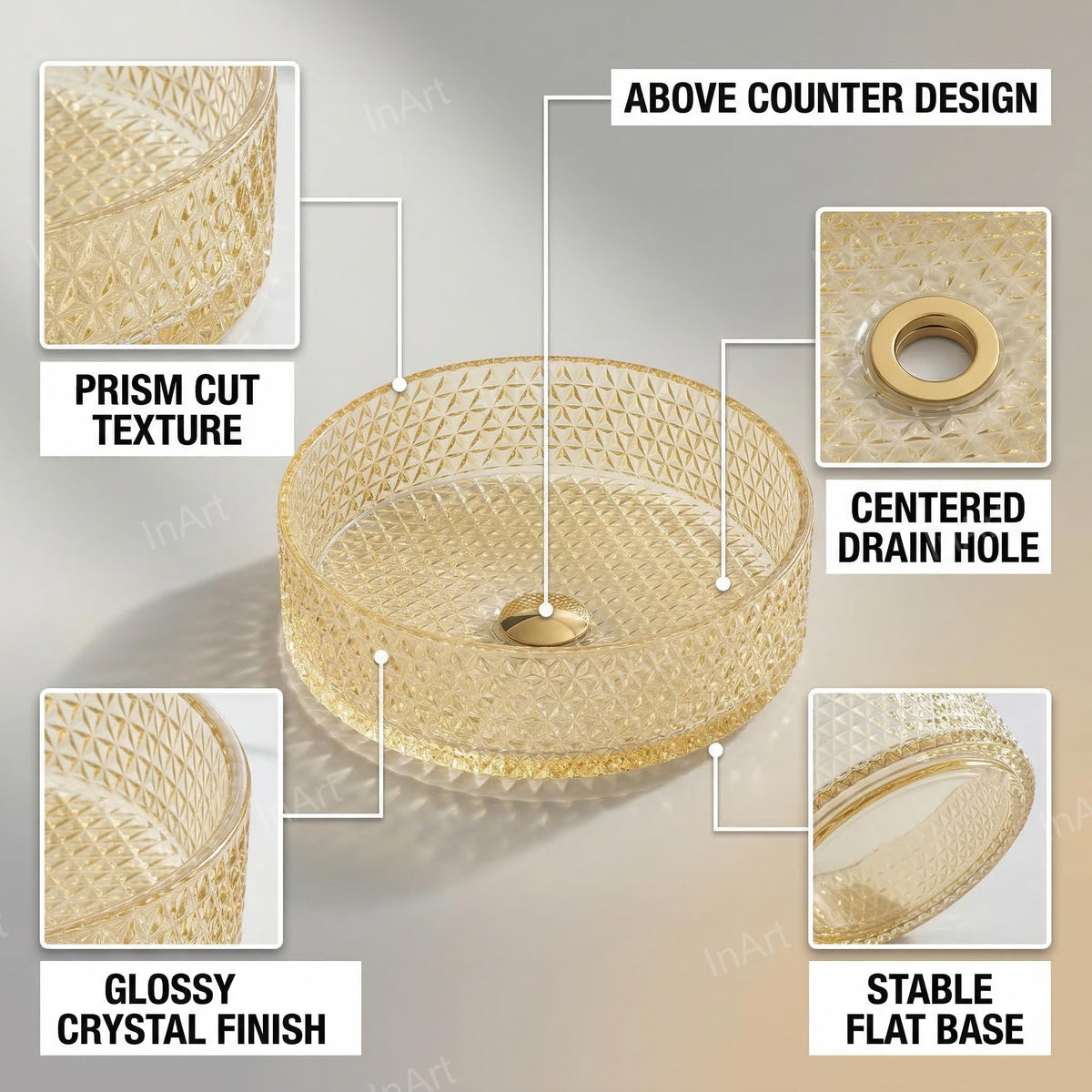 InArt Amber Tempered Glass Round Vessel Sink – Diamond Texture, 15.6" Above-Counter, additional product view 3