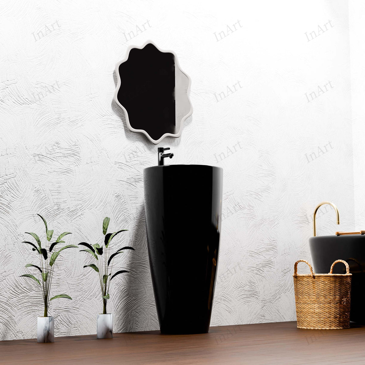 InArt Basin Pedestal Sink - Circular Bathroom Standing Sink Black 38x38 CM, additional product view 6