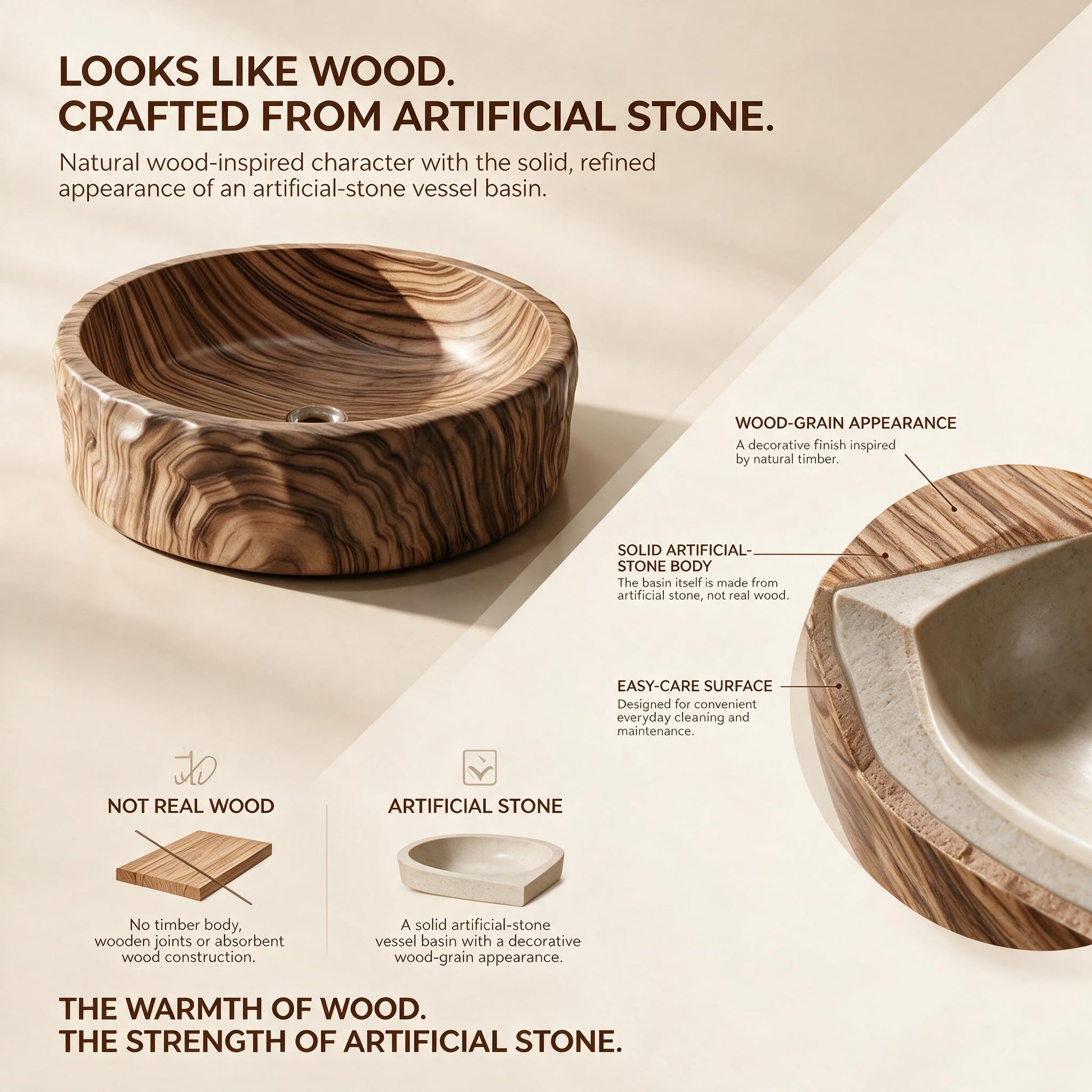 Wood Brown Round Artificial Stone vessel bathroom sink, additional product view 7