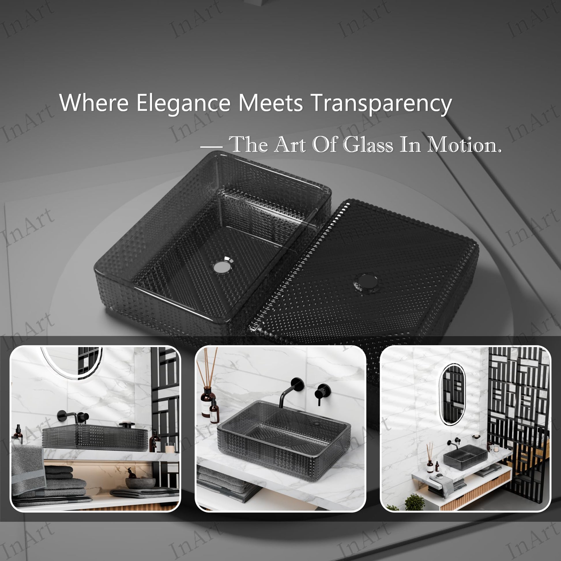 InArt Smoked Black Tempered Glass Rectangular Vessel Sink – Textured Design, 18.11"x12.99", additional product view 4