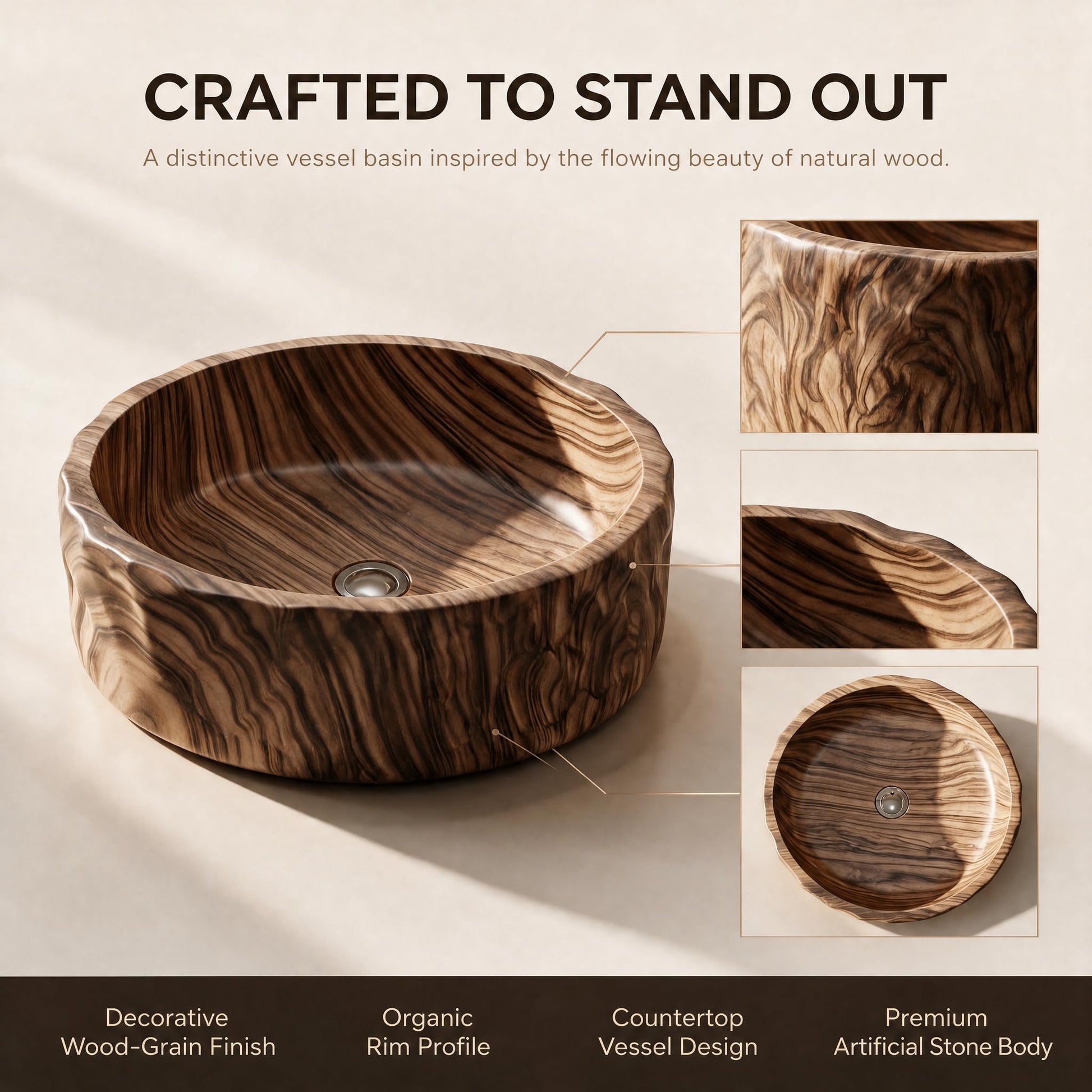 Wood Brown Round Artificial Stone vessel bathroom sink, additional product view 4