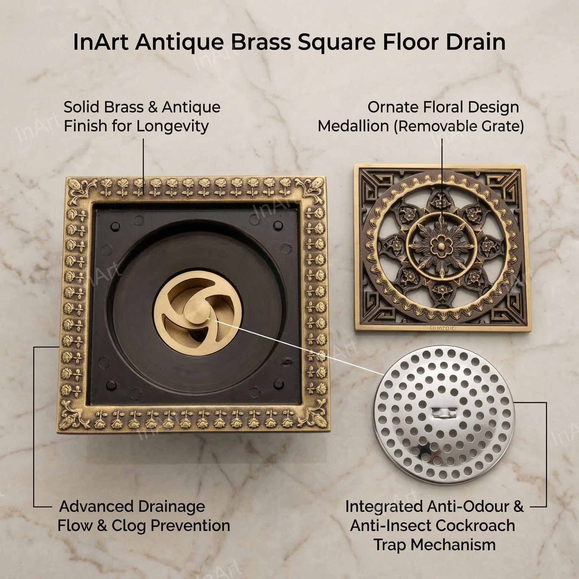 InArt 12 x 4 Inch Square Brass Bathroom Floor Drain with Strainer Grate, additional product view 2