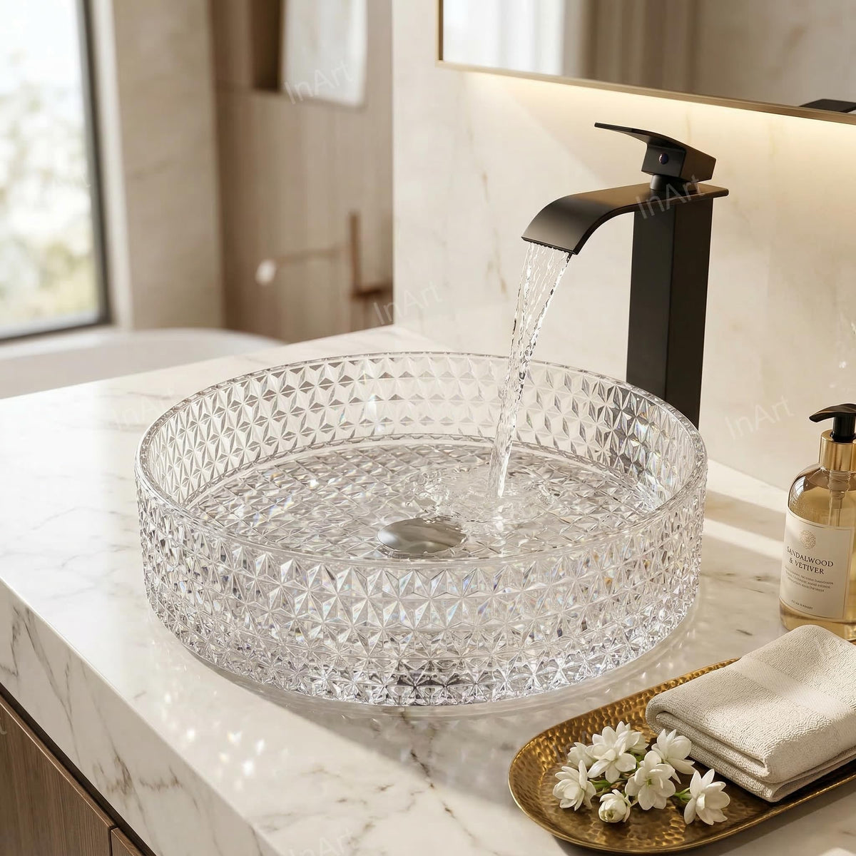 InArt Clear Tempered Glass Round Vessel Sink – Diamond-Cut Texture, 15.6", additional product view 4