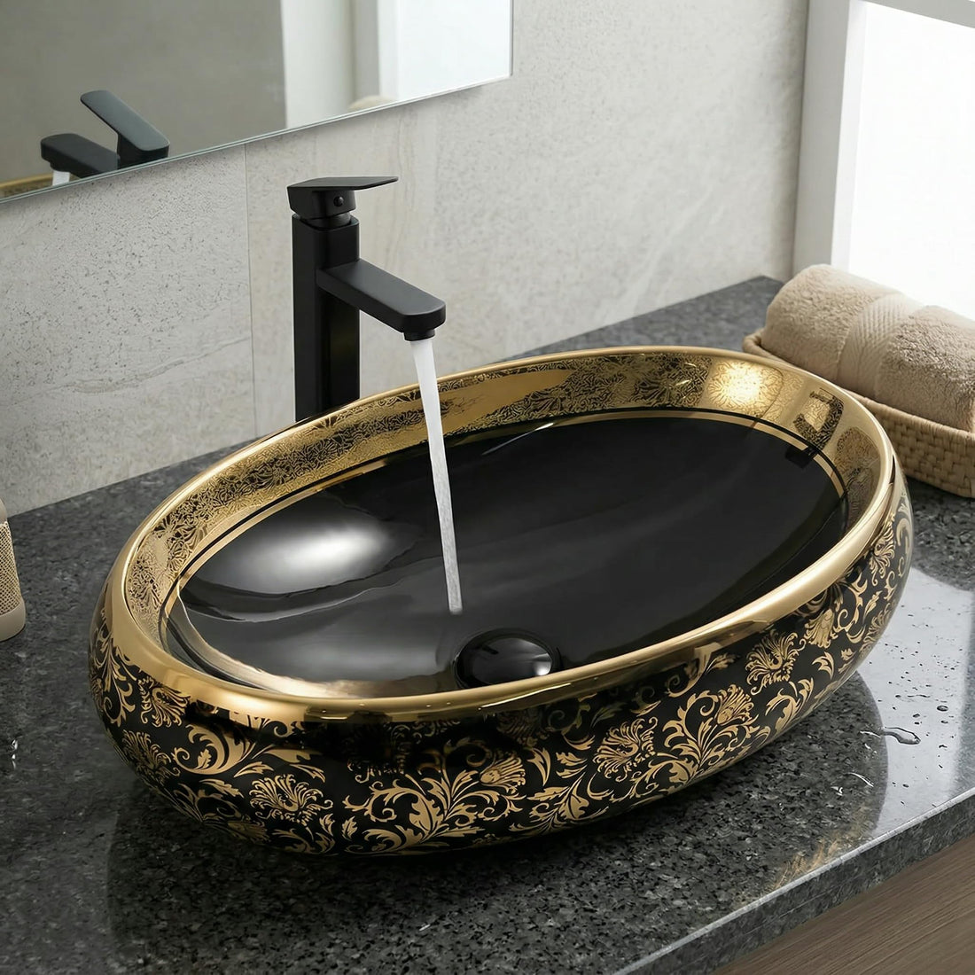 Black and Gold Oval Ceramic vessel bathroom sink