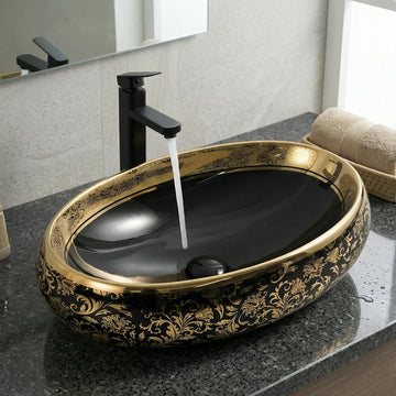 Black and Gold Oval Ceramic vessel bathroom sink