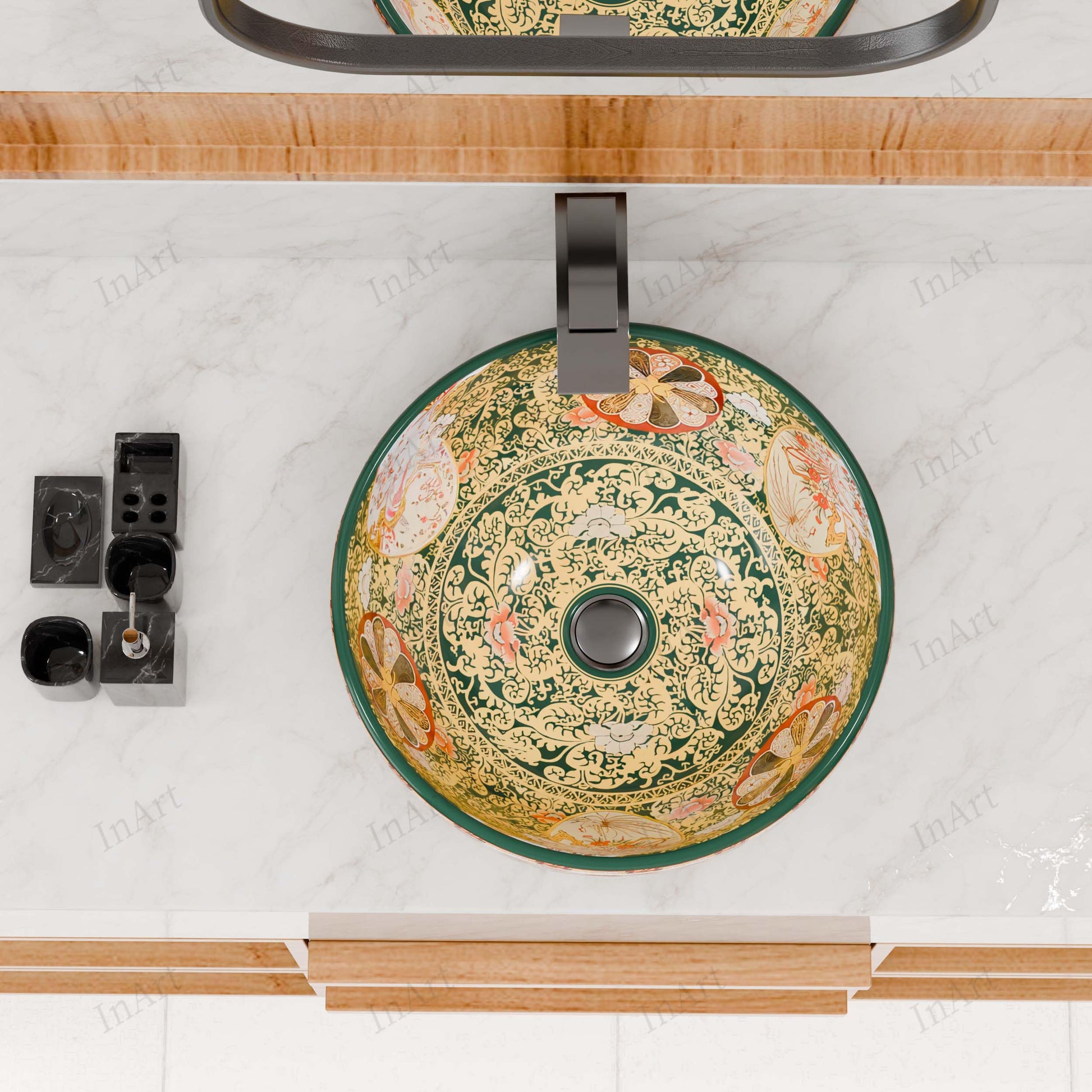 InArt Vessel Sinks for Bathrooms 16.5" – Ceramic, Glossy Green, Patterned Glaze, additional product view 7